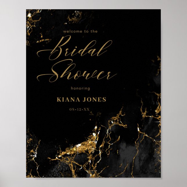 Poster Chuva de Noiva Brilho de Mármore Preto Dourado ID6 (Frente)