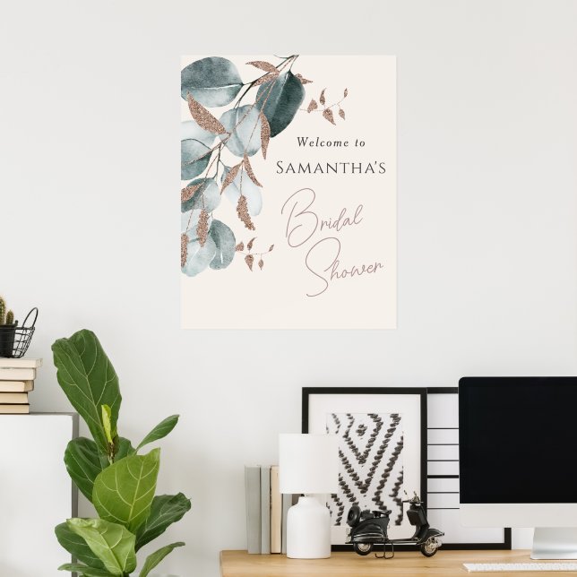 Poster Chuva de Noiva Elegante com Folhas Verdes Brilhant (Escritório em casa)