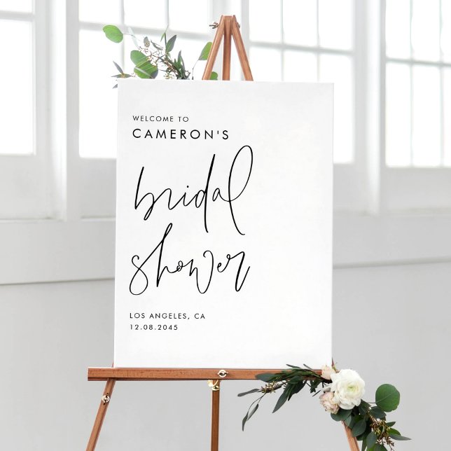 Poster Chuva de Noiva em Letra Manuscrita Moderna Preta (Black and White Modern Handwritten Script Bridal Shower Welcome Sign)