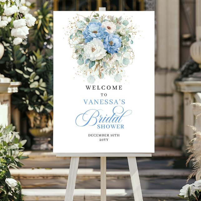 Poster Chuva de noiva em tons de azul empoeirado, branco, (Dusty blue white peony gold floral bridal shower welcome

)