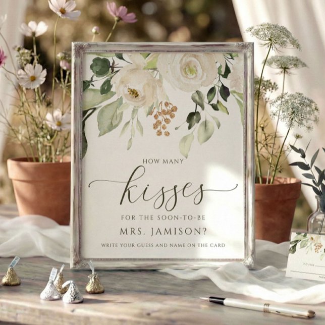 Poster Chuva de Noiva Jogo Quantos Beijos Greenery Branco (How many kisses bridal shower game sign - custom printed (frame not included) watercolor floral.)