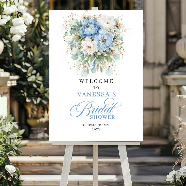 Poster Chuva de presentes de noiva azul claro e eucalipto (Light Blue Eucalyptus Gold Bridal Shower Welcome)