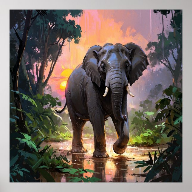 Poster Chuva vibrante e pintura de elefante sunset (Frente)