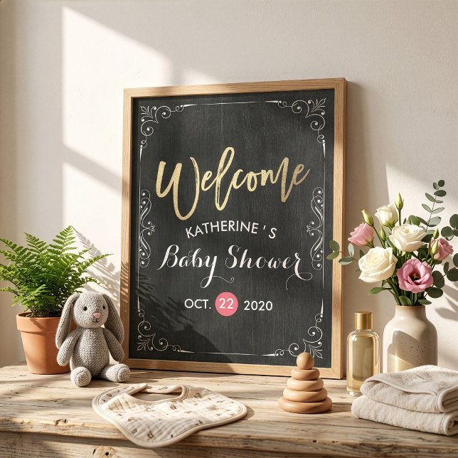 Poster Chuveiro de Bebê Boas-Vindas Floral Preto Branco Q (Criador carregado)