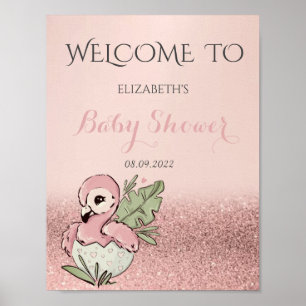 Poster Chuveiro de Bebê Flamingo Bebê Fofo Brilho em Dour
