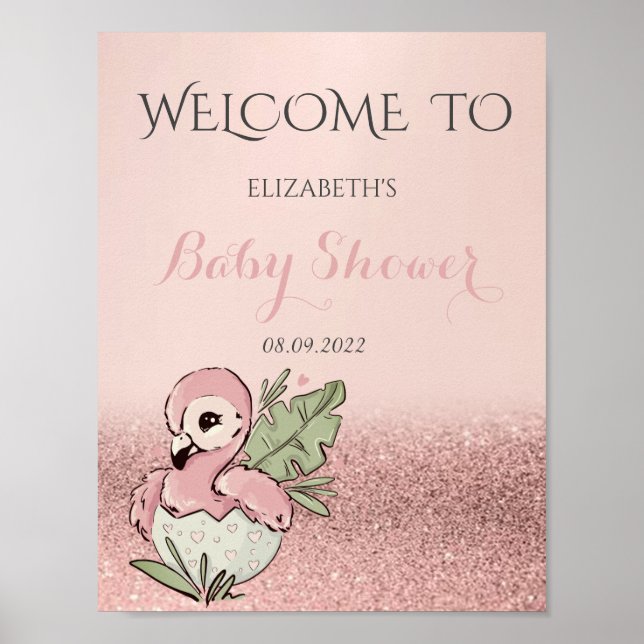 Poster Chuveiro de Bebê Flamingo Bebê Fofo Brilho em Dour (Frente)