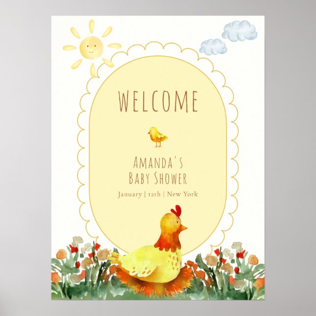 Poster Chuveiro de Bebê Galinha do Jardim de Ginga Amarel (Frente)