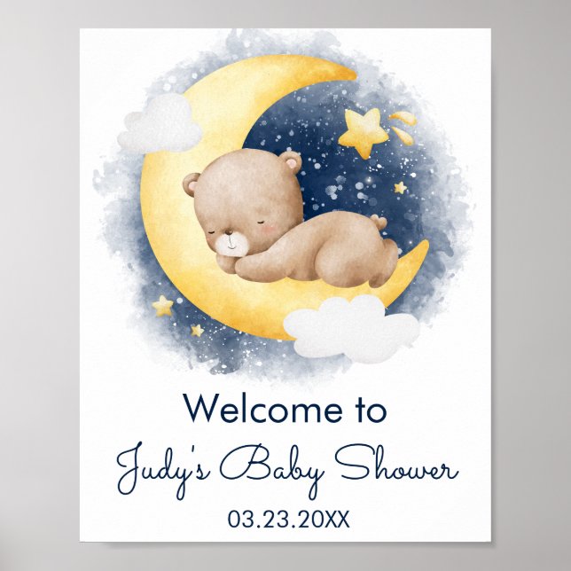 Poster Chuveiro de Bebê Urso Teddy Lua Crescente Fofa (Frente)