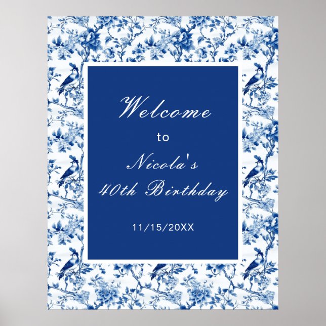 Poster Chuveiro de Noiva Chinoiserie Azul Pássaros e Flor (Frente)
