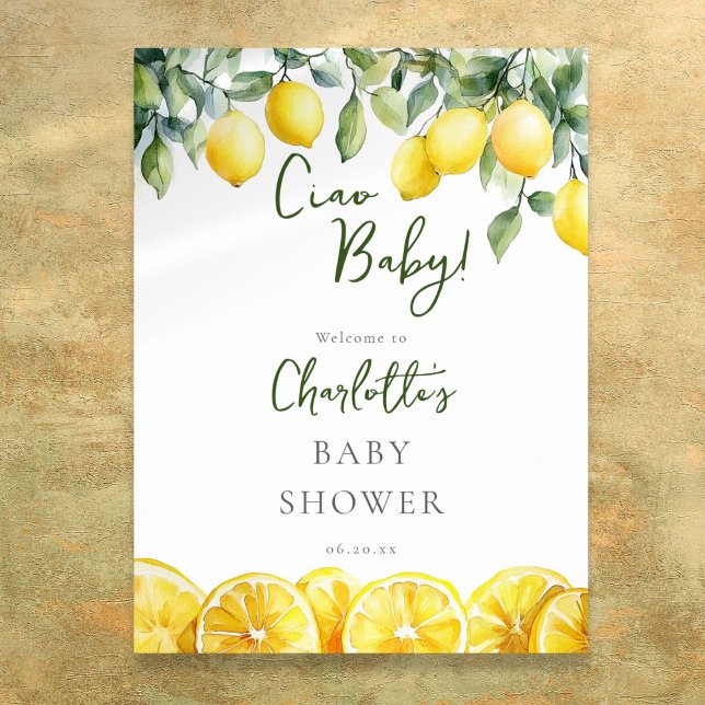 Poster Ciao Baby Lemon Citrus Chá de fraldas Sinal de Boa (Ciao Baby Lemon Citrus Baby Shower Welcome Sign)