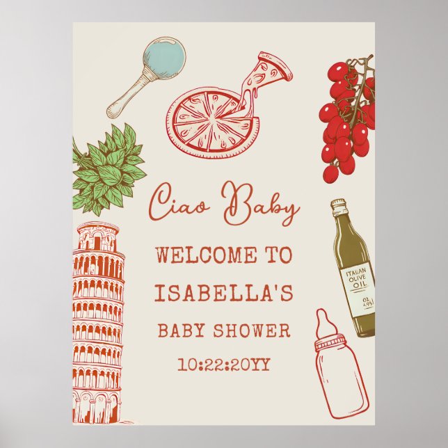 Poster Ciao Baby Line Art Italian Pizza Baby Shower (Frente)