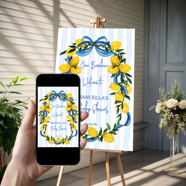 Poster Ciao bambino chá de fraldas italiano (Ciao bambino lemons blue stripes ribbon Italian baby shower welcome sign poster template)