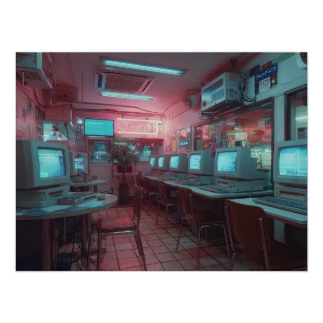 Pôster Cibercafé Neon com Monitores Retrô (Frente)