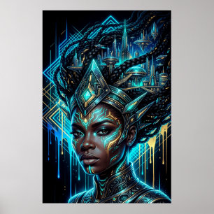Poster Ciberpunk Afro-futurismo Cidade Neon Rainha Negra