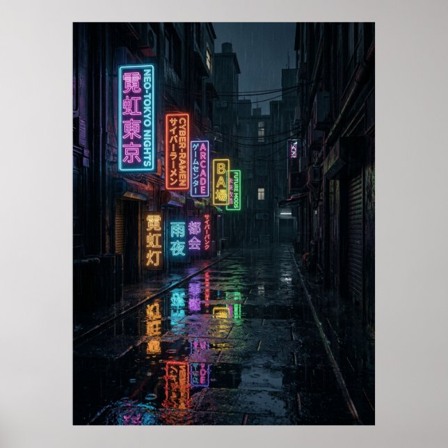 Poster Ciberpunk Muchiler Neon Chuva Tóquio (Frente)