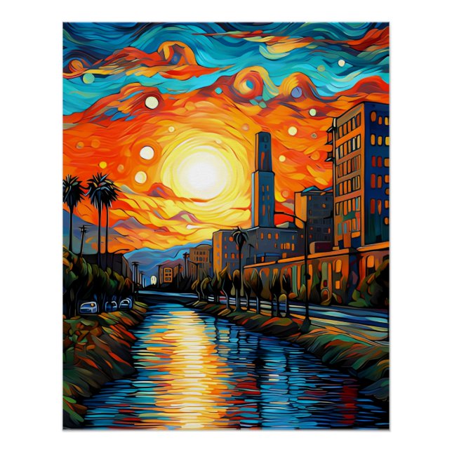 Pôster Cidade ao pôr do sol; Estilo Vincent Van Gogh (Frente)