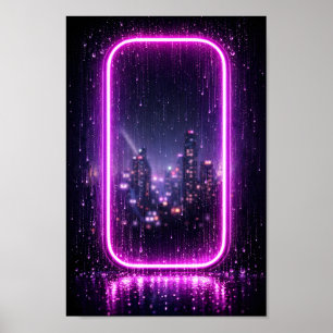 Poster Cidade Chuvosa Synthwave com Moldura de Neon