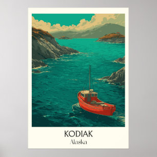 Poster Cidade Costeira de Kodiak Alasca Barco Vermelho