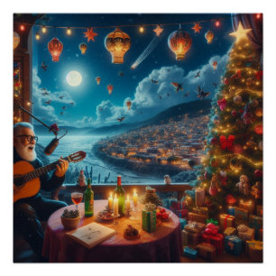 Pôster Cidade Costeira do Acionista Festivo Feliz Navidad