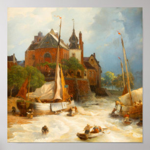 Poster Cidade Costeira Holandesa Vintage e Navios à Vela 