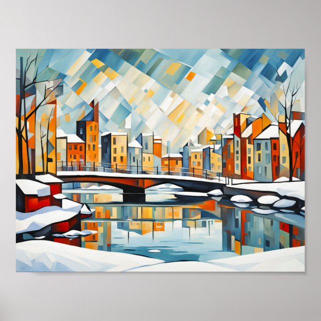Poster Cidade Cubista de Snowy com Pontes de Canal (Frente)