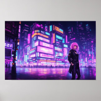 Poster Cidade Cyberpunk Neon Pink