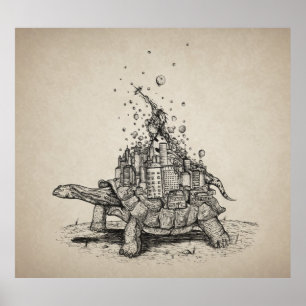 Pôster Cidade da tartaruga - ilustração da caneta e da