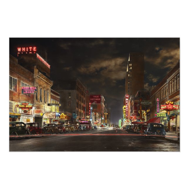 Pôster Cidade - Dallas TX - Rua Elm à noite 1941 (Frente)