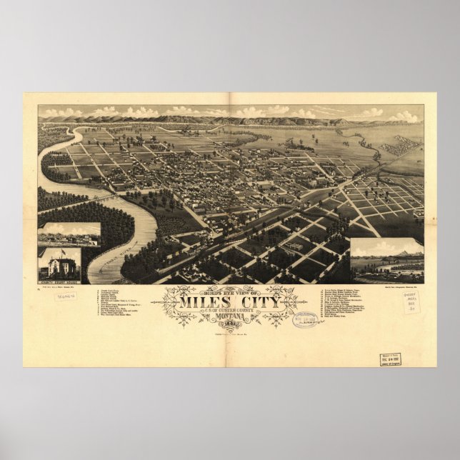 Pôster Cidade de 1883 Miles, MT Birds Olhos Ver Mapa Pano (Frente)