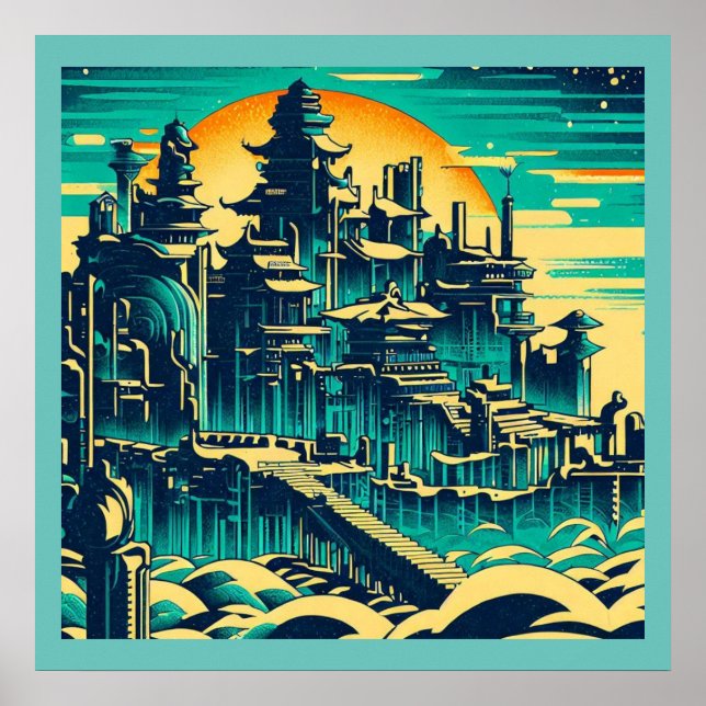 Poster Cidade de Atlantis 1 - Estilo de Woodblock (Frente)