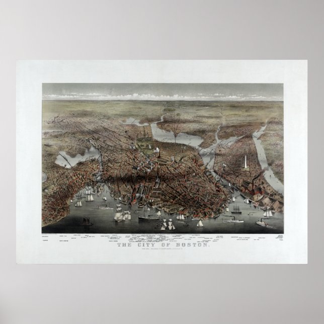 Pôster Cidade de Boston, 1873, Vista de Olhos de Aves Pan (Frente)