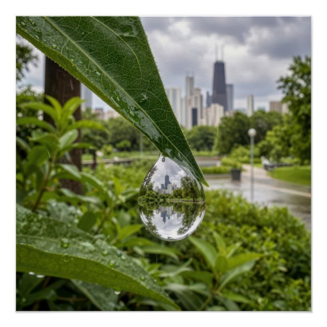 Pôster Cidade de Chicago Refletida numa Gota de Chuva (Frente)