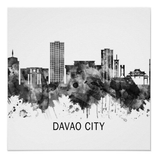 Pôster Cidade de Davao Filipinas Skyline BW (Frente)