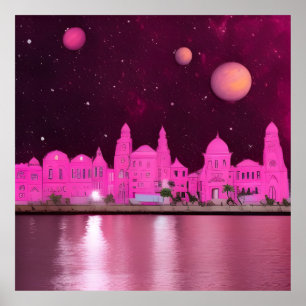 Poster Cidade de Fantasia de Ciência Rosa