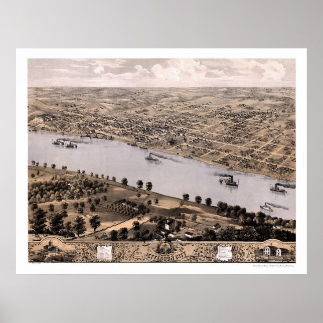 Pôster Cidade de Jefferson, Mapa Panorâmico do MO - 1869 (Frente)