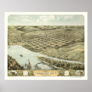 Poster Cidade de Nebraska, mapa panorâmico do NE - 1868