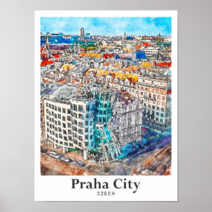 Poster Cidade de Praha Viagem Aquarela Checa Desenhada