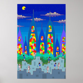 Poster Cidade de vitrais numa noite estrelada.