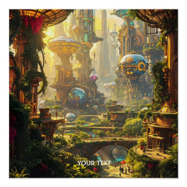 Pôster Cidade do Futuro Verde Fantasy (Frente)