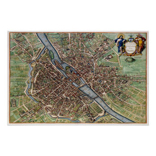 Pôster Cidade do mapa de Paris antiga