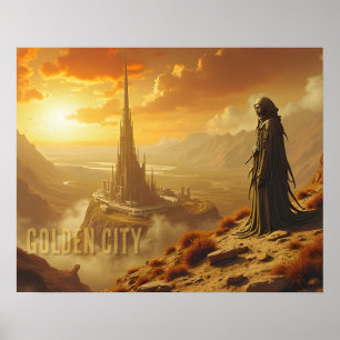 Poster Cidade Dourada Arte Futurista de Ficção Científica