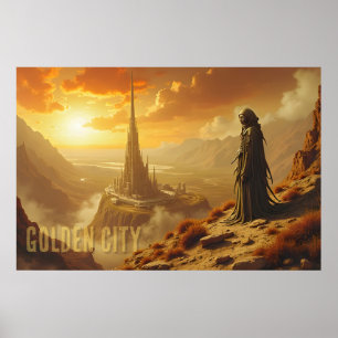 Poster Cidade Dourada Arte Futurista de Ficção Científica