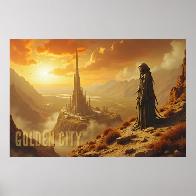 Poster Cidade Dourada Arte Futurista de Ficção Científica (Frente)