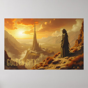 Poster Cidade Dourada Arte Futurista de Ficção Científica