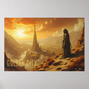 Poster Cidade Dourada Futurista Arte de Ficção Científica