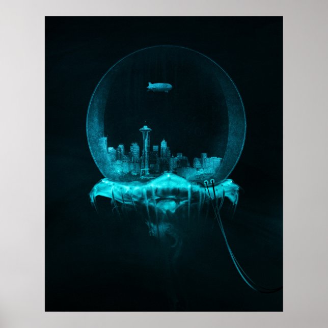 Pôster Cidade Fantástica num globo de neve com um Blimp (Frente)