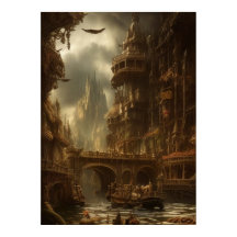 Cidade fantástica, rio, ponte, prédios