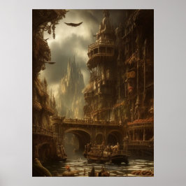 Poster Cidade fantástica, rio, ponte, prédios