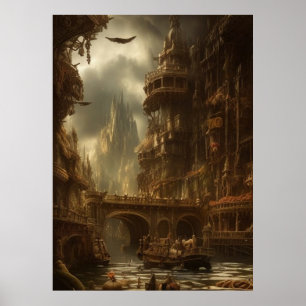 Poster Cidade fantástica, rio, ponte, prédios