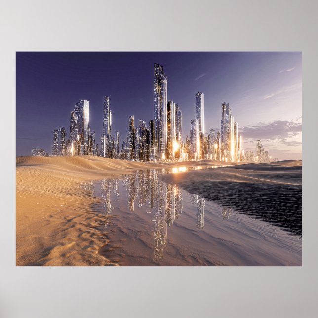Poster Cidade Futurista de Ficção Científica Refletida na (Frente)